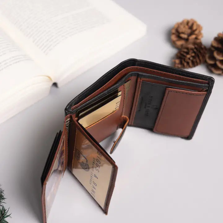 Cooper Allan Biggs & Bane Men's Trifold Black & Brown Leather Wallet