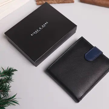 Cooper Allan Biggs & Bane Men's Bifold Black & Navy Leather Wallet with Tab Coin Pocket