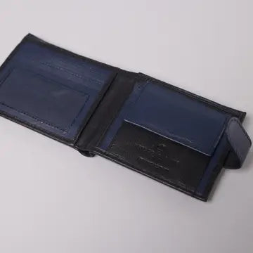 Cooper Allan Biggs & Bane Men's Bifold Black & Navy Leather Wallet with Tab Coin Pocket