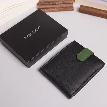 Cooper Allan Biggs & Bane Men's Bifold Black & Green Leather Wallet with Tab Coin Pocket