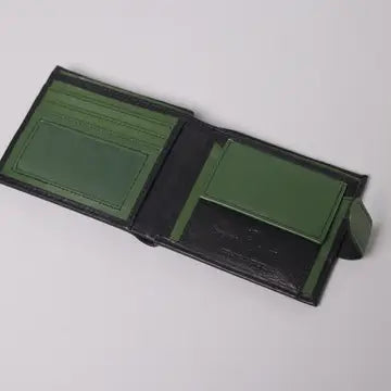 Cooper Allan Biggs & Bane Men's Bifold Black & Green Leather Wallet with Tab Coin Pocket