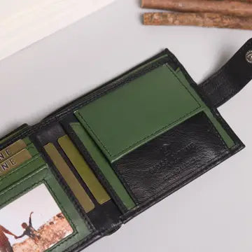 Cooper Allan Biggs & Bane Men's Bifold Black & Green Leather Wallet with Tab Coin Pocket