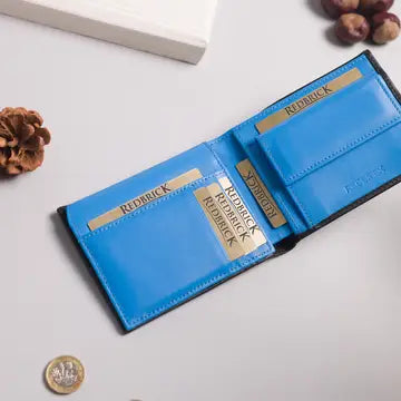 Cooper Allan Redbrick Italian Black & Blue Bifold Leather Wallet