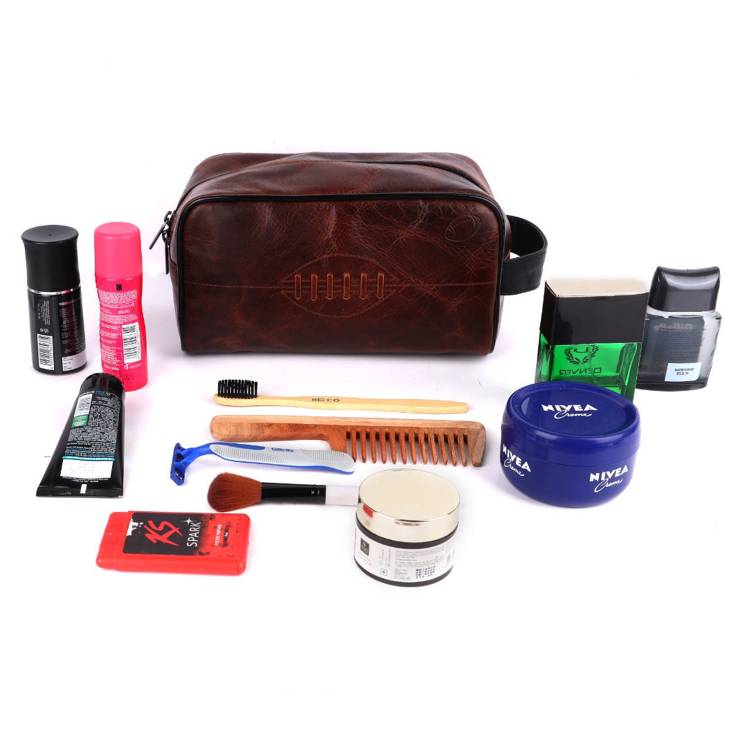 Cooper Allan SPORTGIFTZ Buffalo Leather Rugby Wash Bag Durable Toiletry Bag for Rugby Players and Fans Moisture-Resistant Lining, Secure Zip and Carry Handle 25cm x 14cm