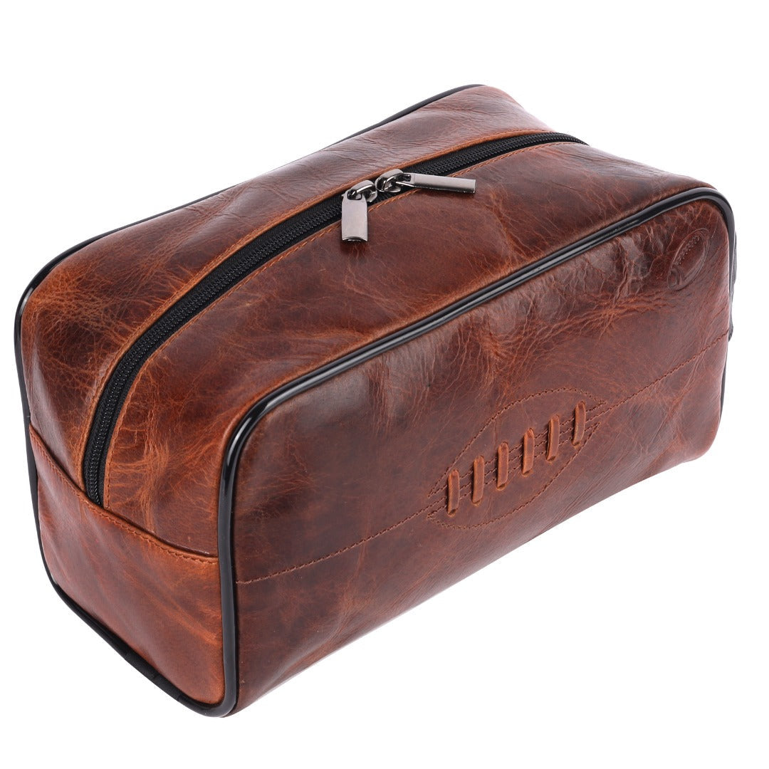 Cooper Allan SPORTGIFTZ Buffalo Leather Rugby Wash Bag Durable Toiletry Bag for Rugby Players and Fans Moisture-Resistant Lining, Secure Zip and Carry Handle 25cm x 14cm