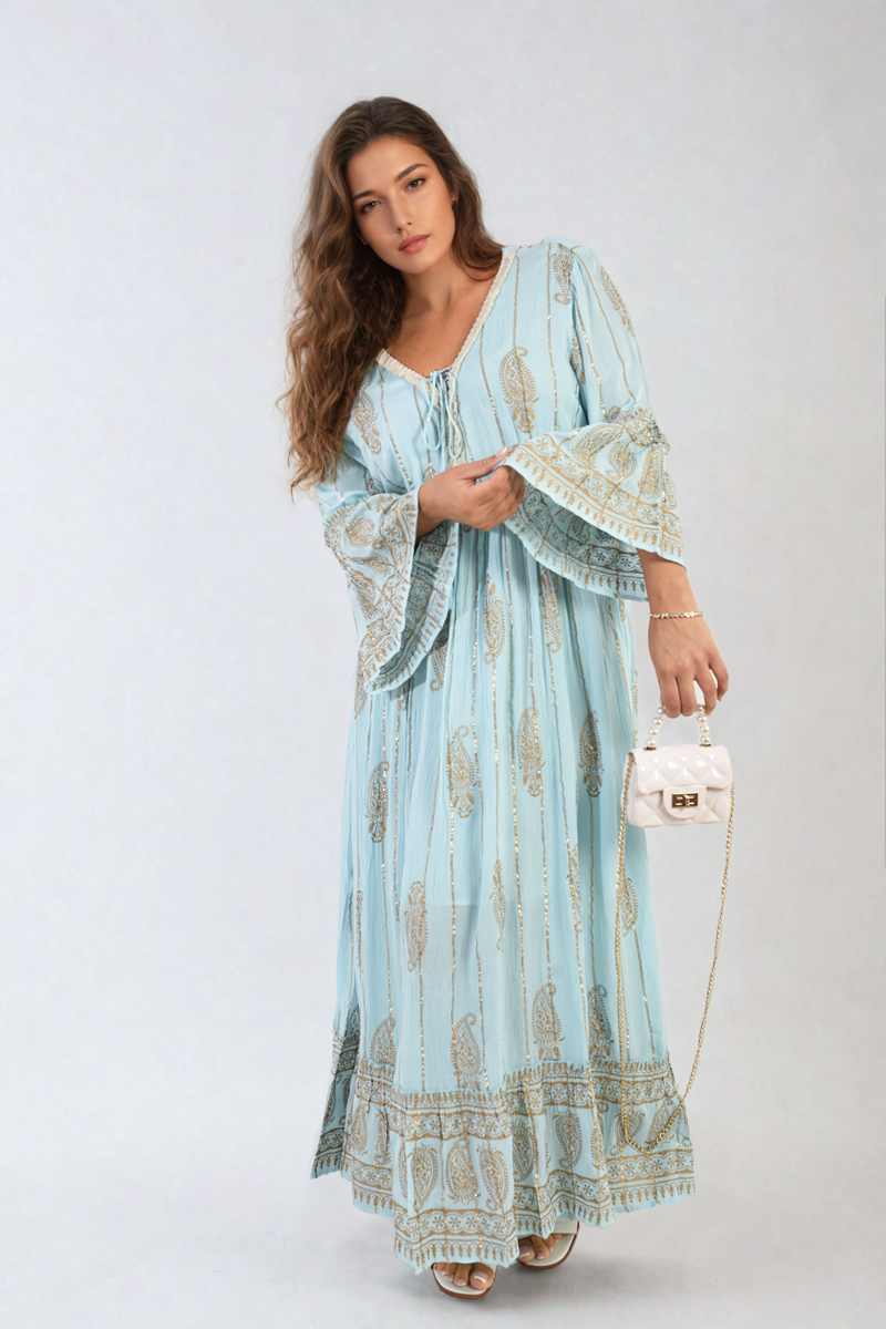 Cooper Allan Moda Embellished Boho Flounce Sleeve Maxi Dress