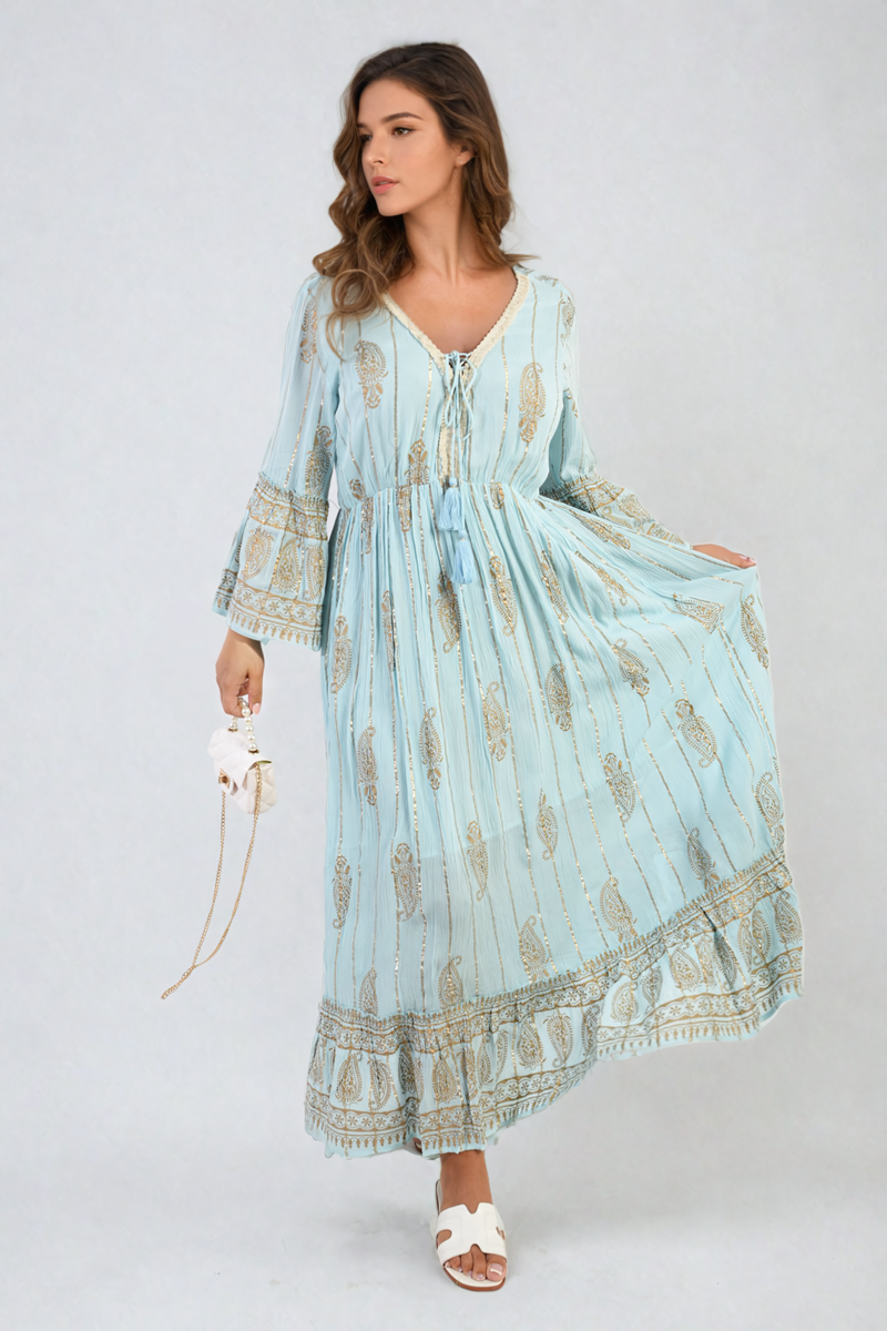 Cooper Allan Moda Embellished Boho Flounce Sleeve Maxi Dress