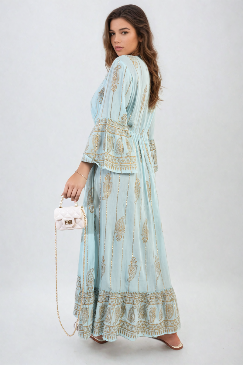 Cooper Allan Moda Embellished Boho Flounce Sleeve Maxi Dress