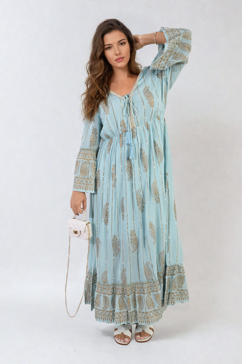 Cooper Allan Moda Embellished Boho Flounce Sleeve Maxi Dress