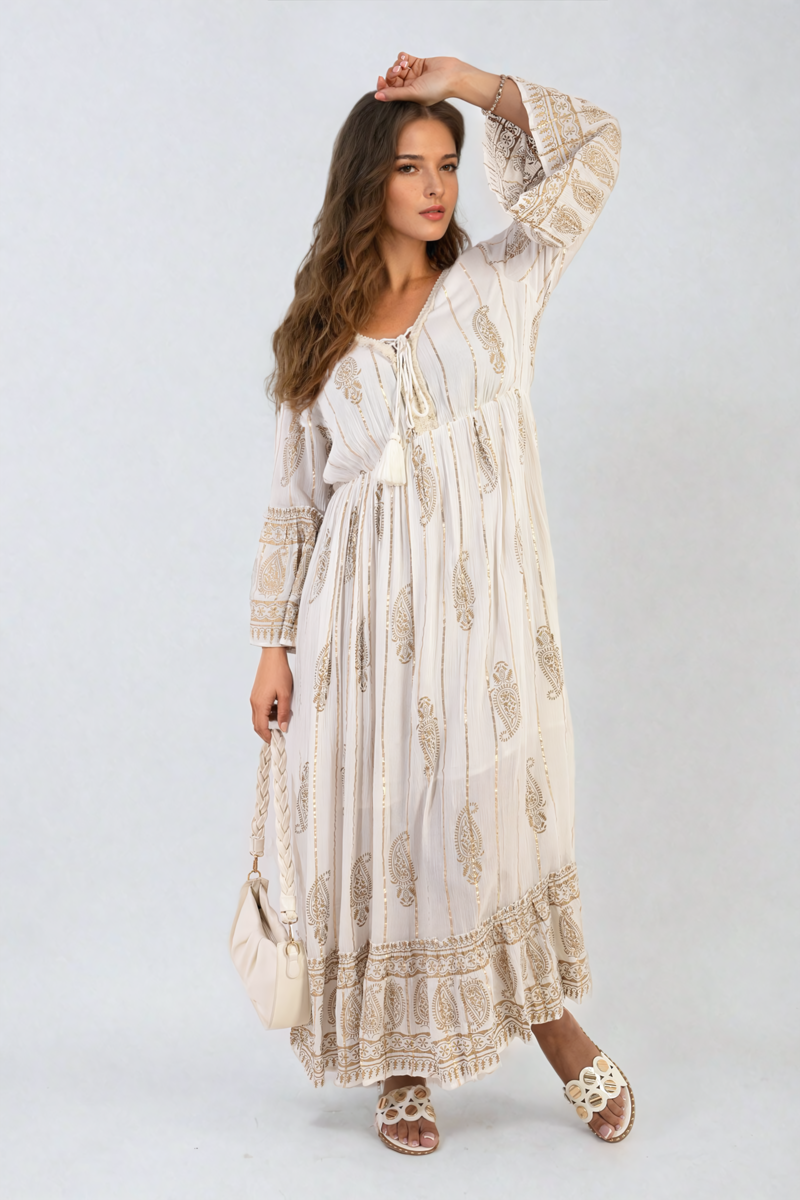 Cooper Allan Moda Embellished Boho Flounce Sleeve Maxi Dress