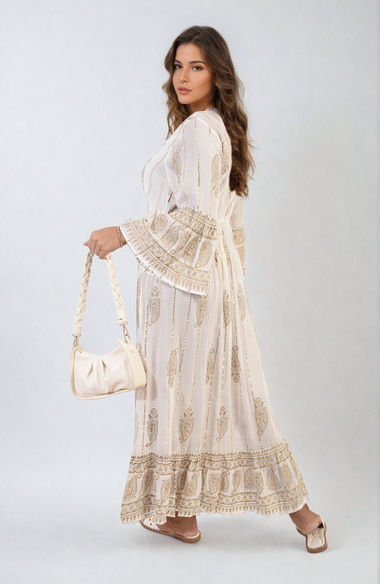 Cooper Allan Moda Embellished Boho Flounce Sleeve Maxi Dress