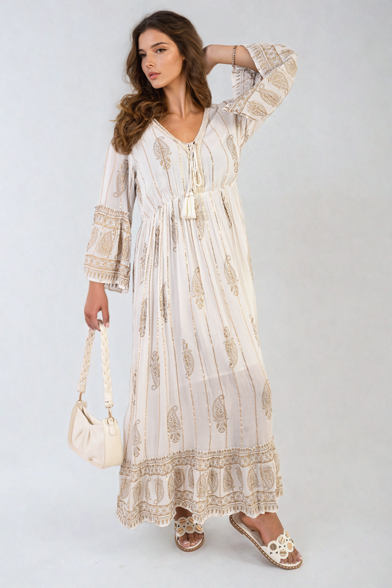 Cooper Allan Moda Embellished Boho Flounce Sleeve Maxi Dress