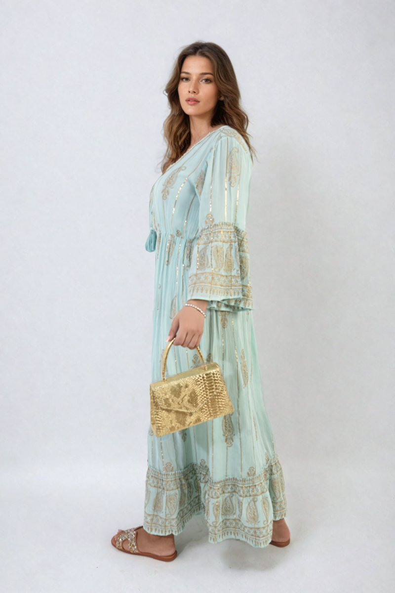 Cooper Allan Moda Embellished Boho Flounce Sleeve Maxi Dress