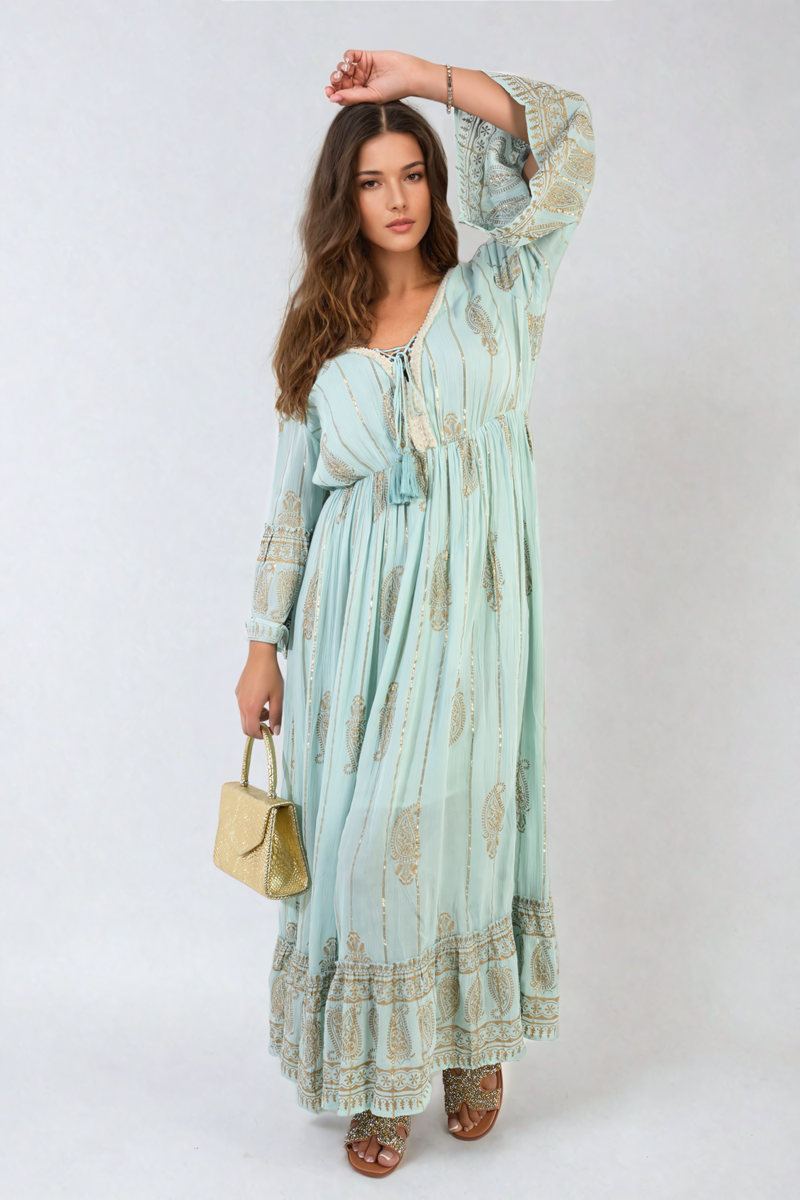 Cooper Allan Moda Embellished Boho Flounce Sleeve Maxi Dress