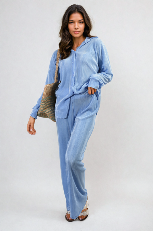 Cooper Allan Moda Plisse Button Front Oversized Shirt and Trouser Co-ord Set