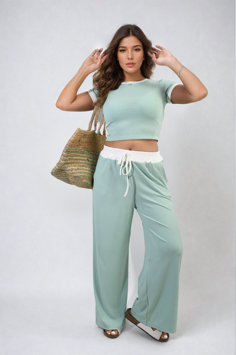 Cooper Allan Moda Contrasting Trim Crop Top and Trousers Co-ord Set