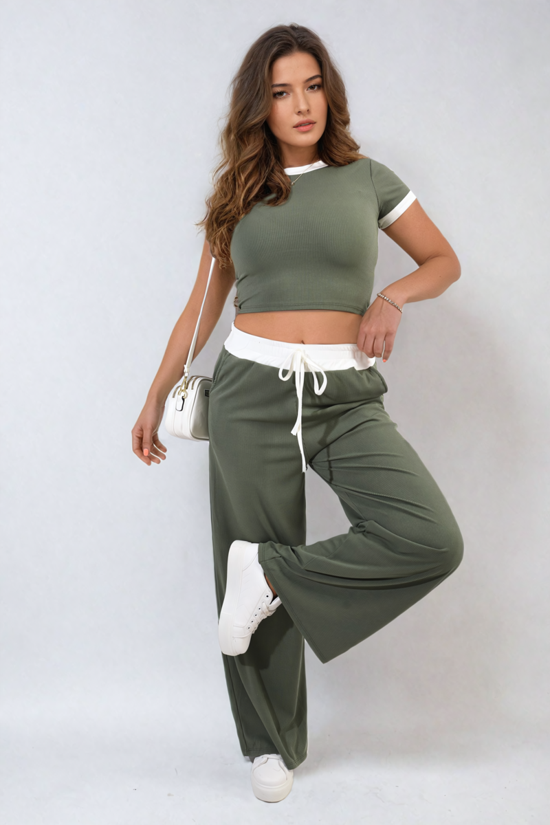 Cooper Allan Moda Contrasting Trim Crop Top and Trousers Co-ord Set