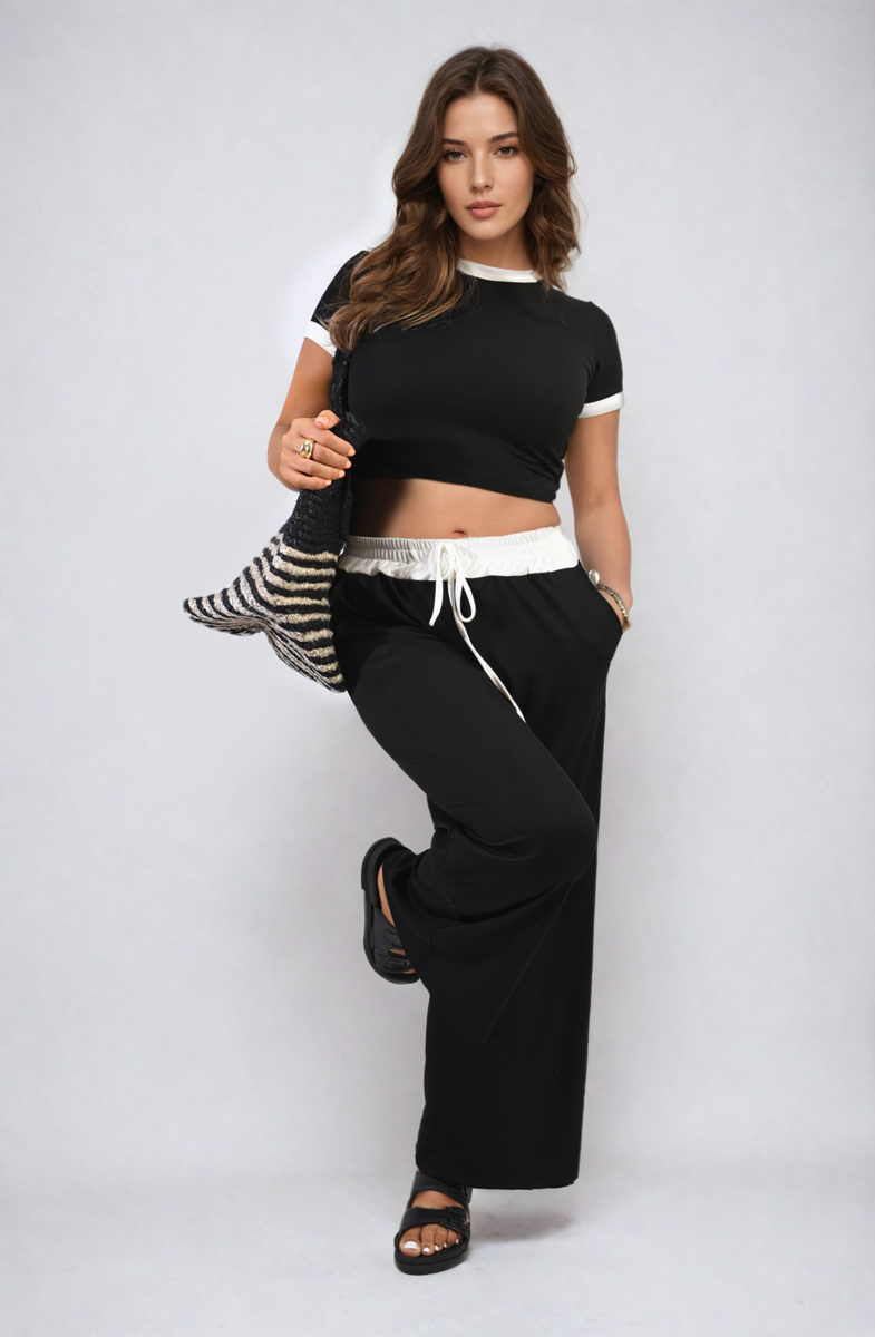 Cooper Allan Moda Contrasting Trim Crop Top and Trousers Co-ord Set