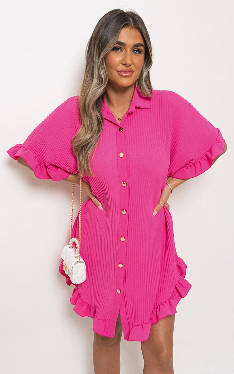 Cooper Allan Moda Button Down Oversized Ruffle Short Sleeve Mini Dress