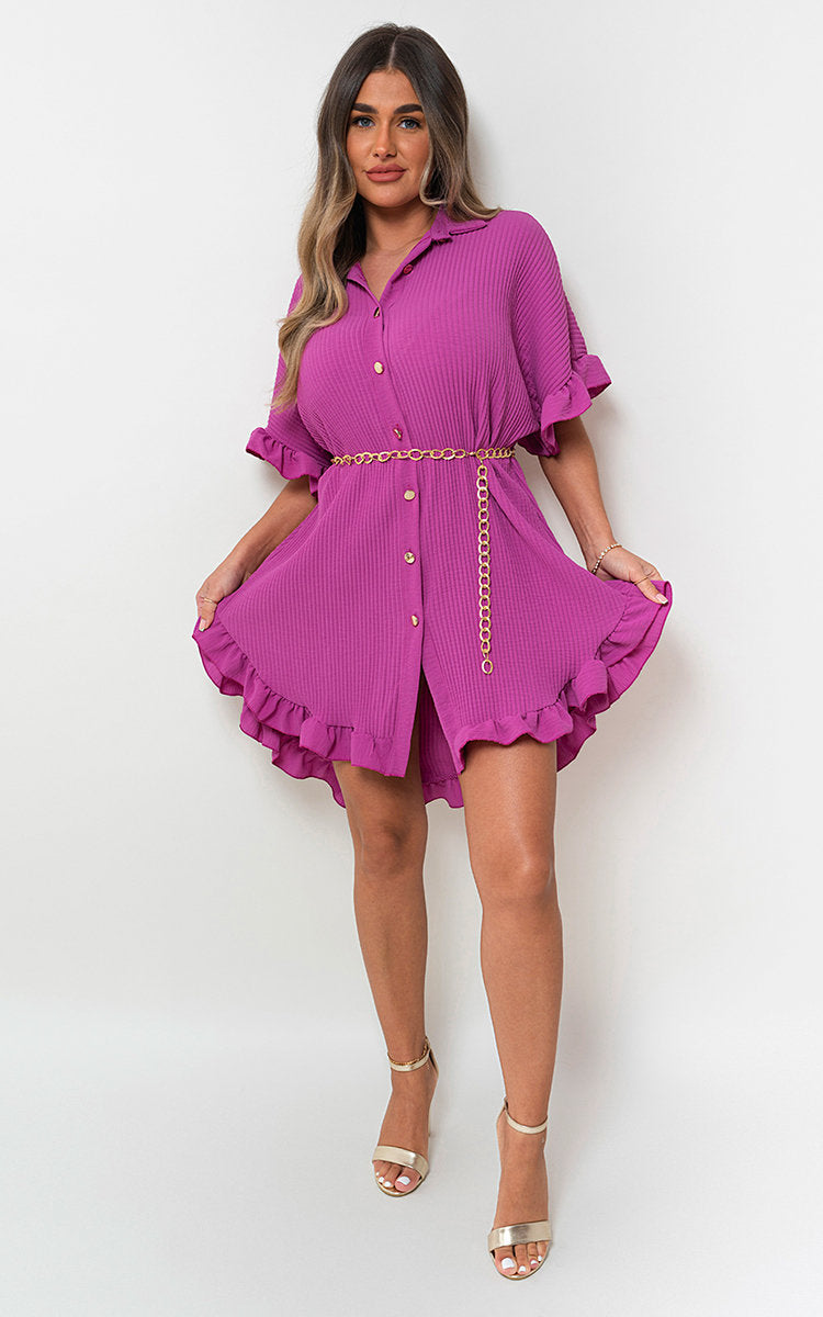 Cooper Allan Moda Button Down Oversized Ruffle Short Sleeve Mini Dress