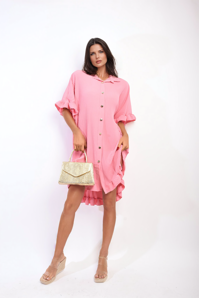 Cooper Allan Moda Button Down Oversized Ruffle Short Sleeve Mini Dress