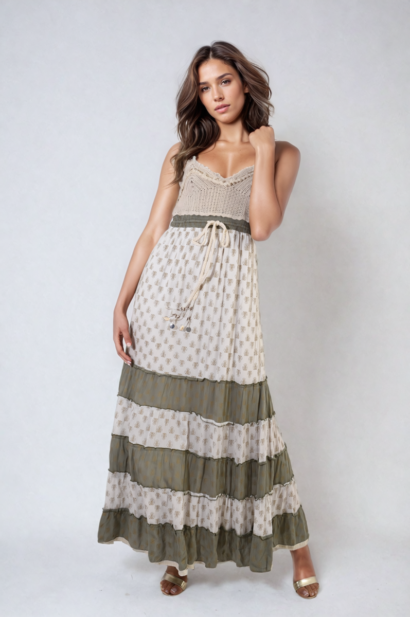 Copper Allan Moda Tiered Crochet Strappy Maxi Dress