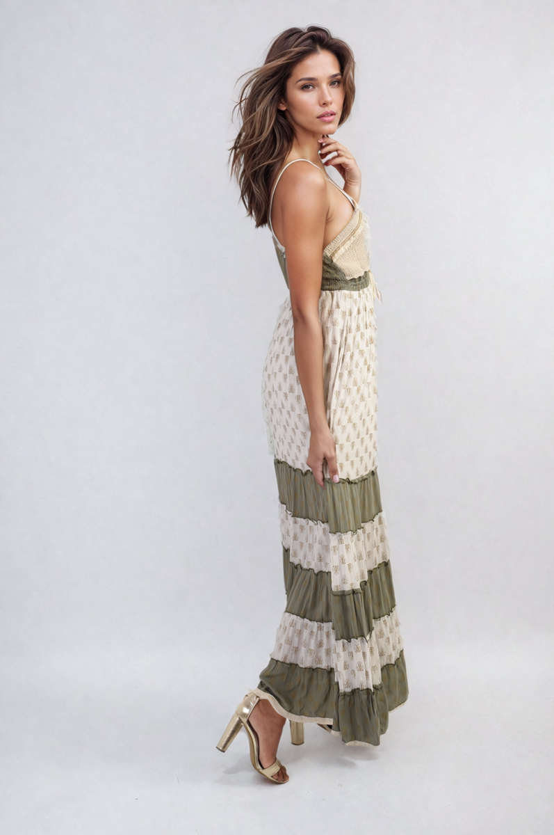 Copper Allan Moda Tiered Crochet Strappy Maxi Dress