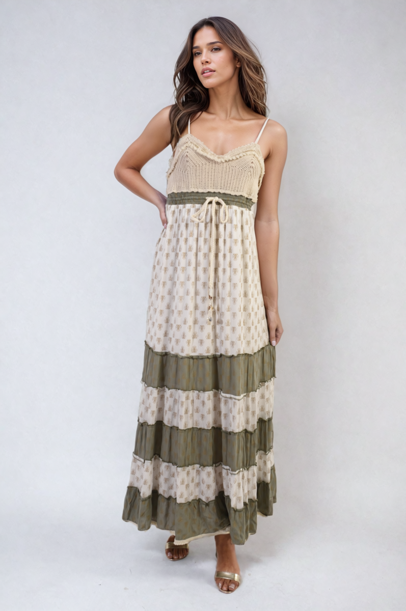 Copper Allan Moda Tiered Crochet Strappy Maxi Dress