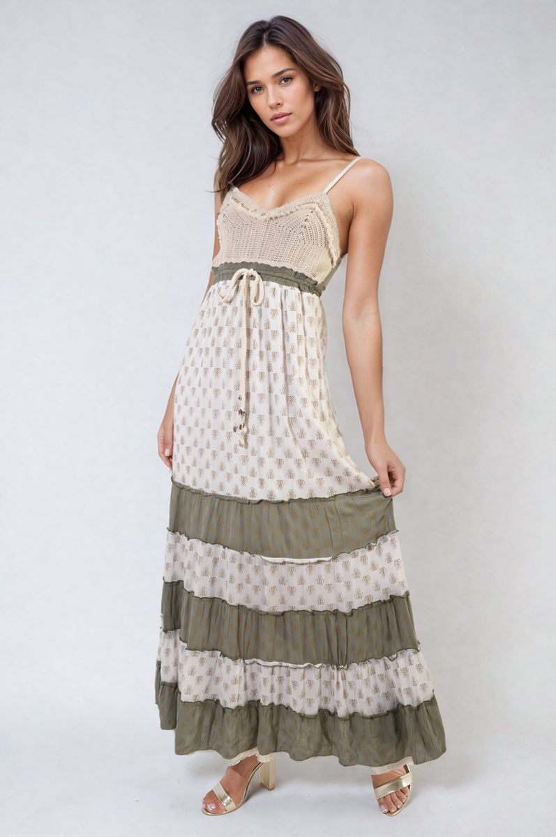 Copper Allan Moda Tiered Crochet Strappy Maxi Dress